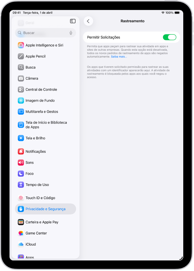 Tela Rastreamento, com ajuste para controlar se os apps podem pedir para rastrear você em sites ou apps de outras empresas.