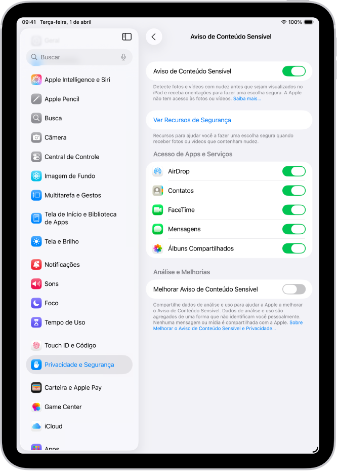 Os ajustes de Aviso de Conteúdo Sensível, com o botão Ver Recursos de Segurança e o botão Melhorar Aviso de Conteúdo Sensível para compartilhar dados de análise e uso com a Apple.