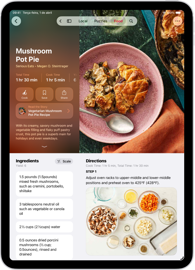 Receita no Apple News+ mostrando os ingredientes e passos.