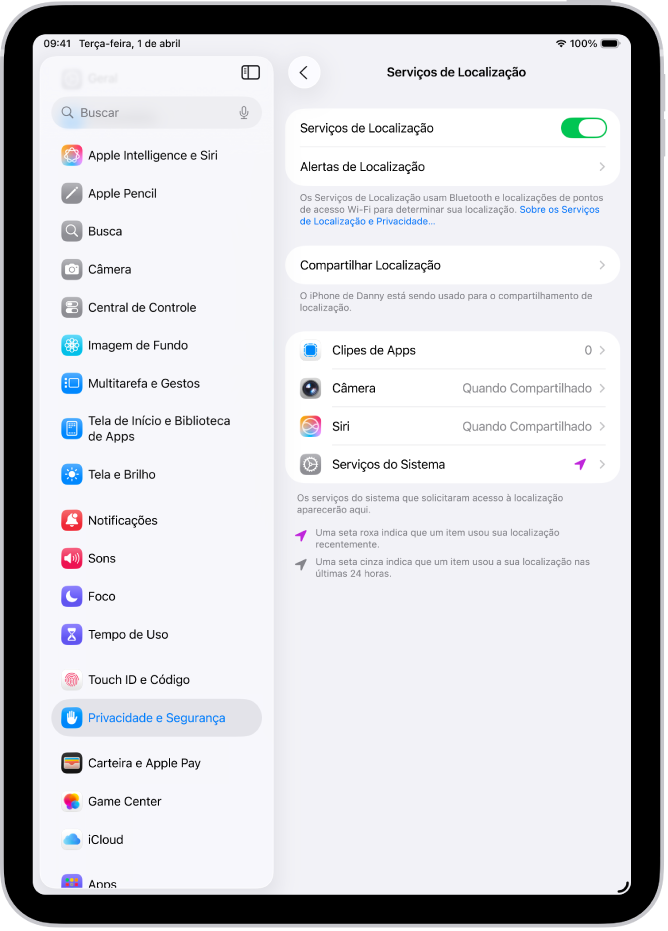 Tela dos Serviços de Localização com ajustes para compartilhar a localização do iPad com apps.