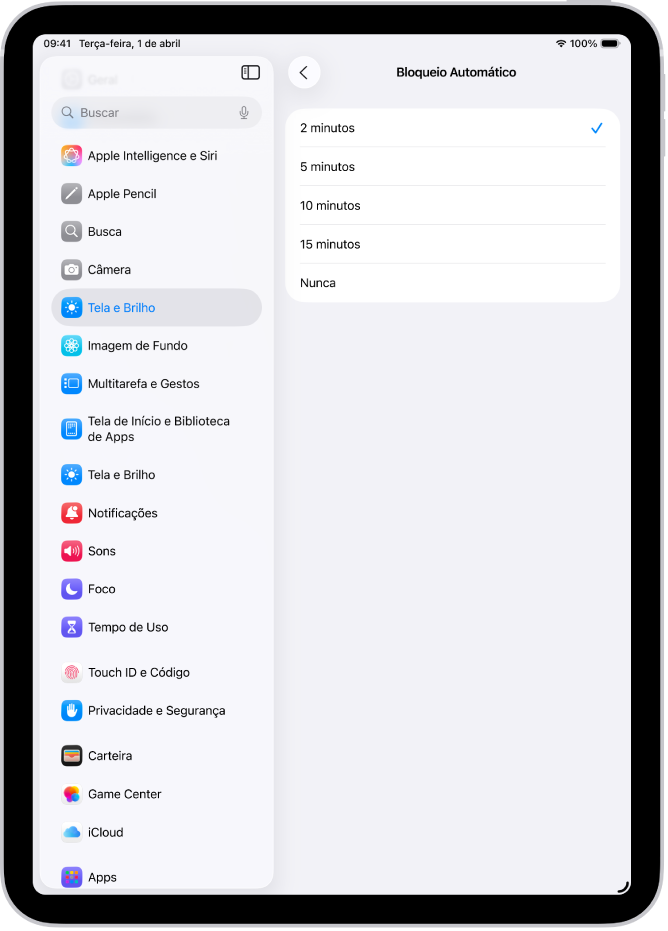 A tela de Bloqueio Automático com ajustes para duração do tempo antes que o iPad seja bloqueado automaticamente.