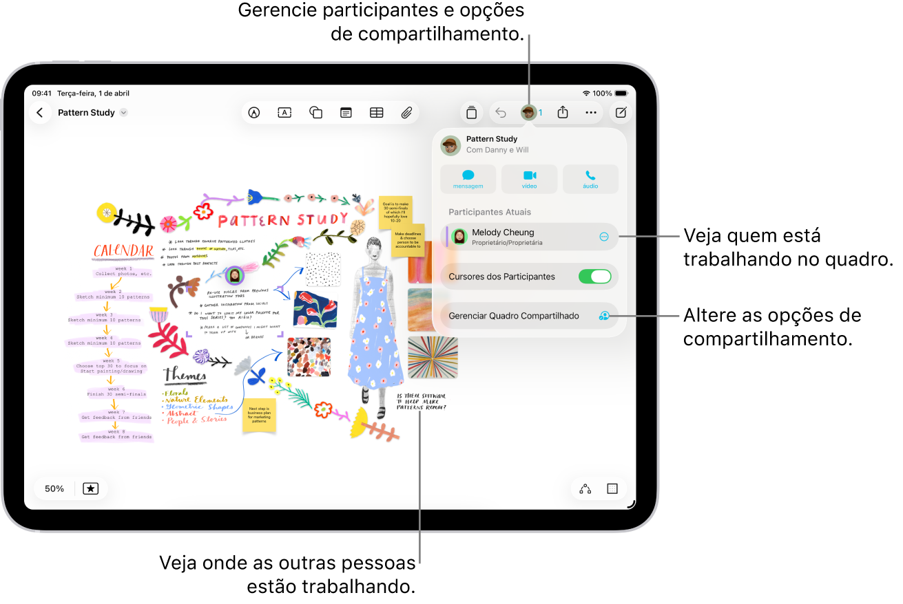 Um quadro compartilhado do Freeform no iPad com o menu de colaboração aberto e a localização dos outros participantes do quadro marcada com tiques coloridos.