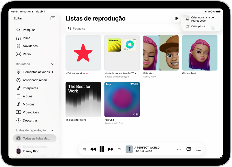 O separador Listas de reprodução com a barra lateral à esquerda e a lista de listas de reprodução à direita. Na parte superior estão os botões para criar uma nova lista de reprodução ou cria uma nova pasta.