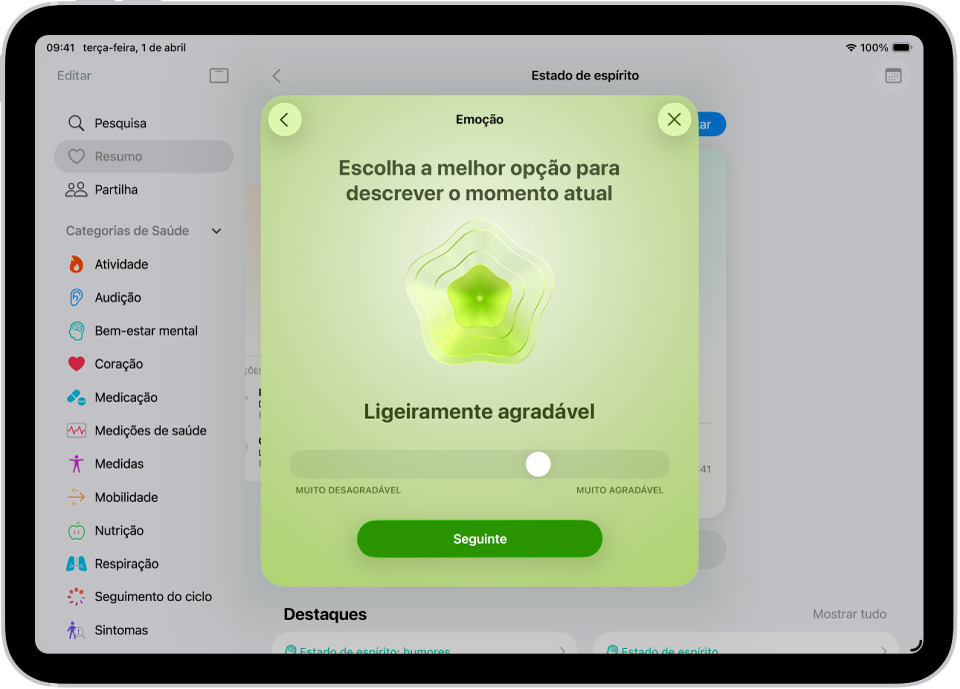 Um ecrã da aplicação Saúde a identificar o estado de espírito atual como Ligeiramente agradável. Na parte inferior do ecrã está um nivelador para ajustar o nível da emoção.