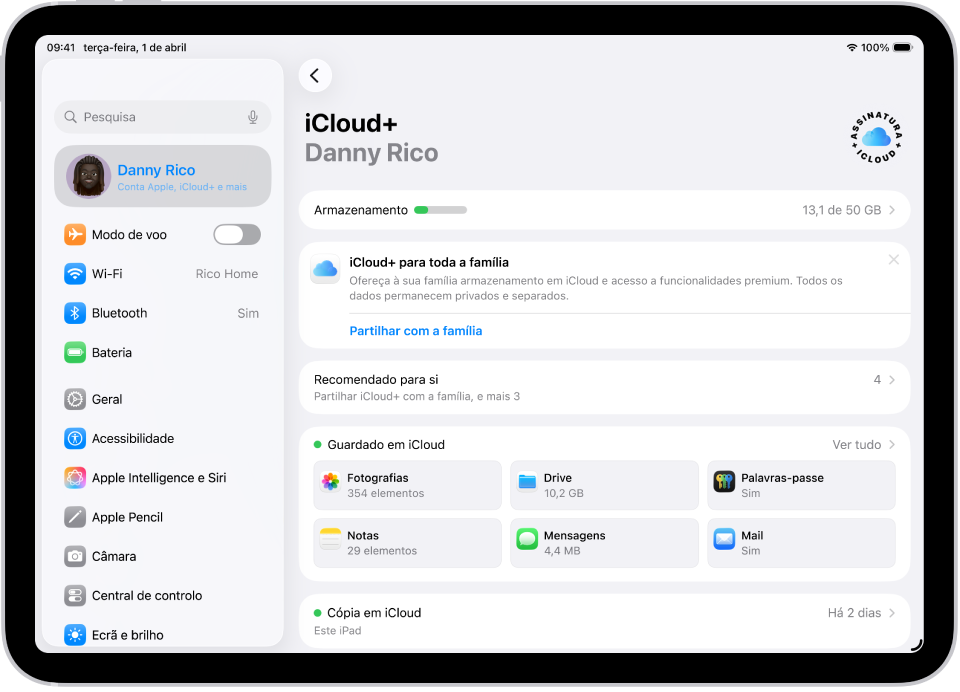 Ecrã das definições de iCloud, com o indicador de armazenamento em iCloud e uma lista de aplicações e funcionalidades, incluindo Fotografias, iCloud Drive e Mail em iCloud que podem ser usados com iCloud.