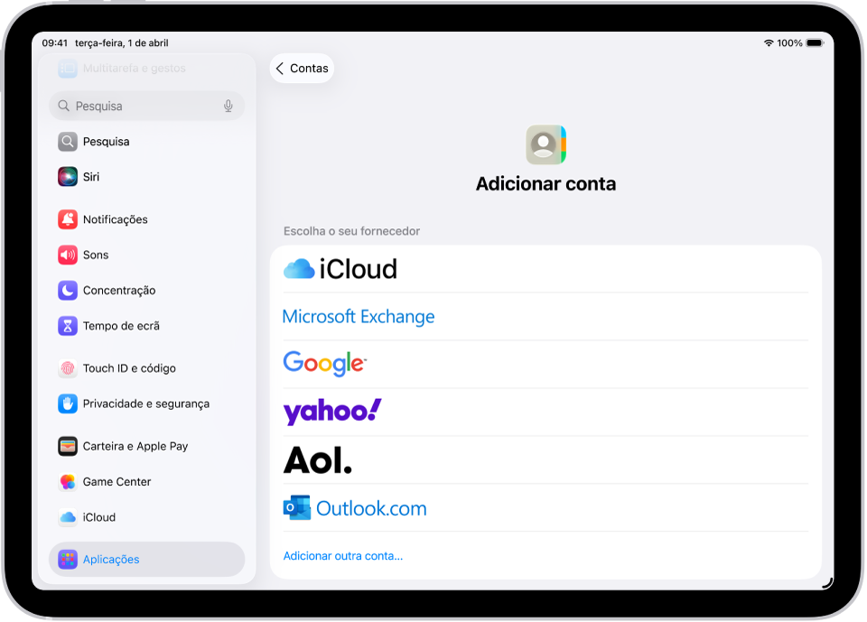 O ecrã “Adicionar conta” a mostrar vários serviços de contactos diferentes.