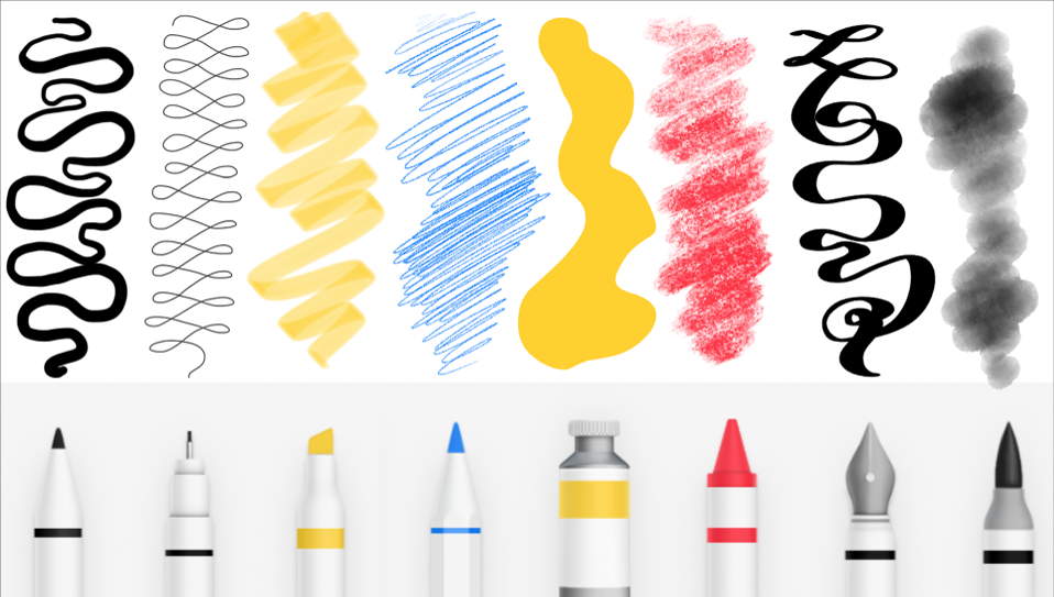 Algumas ferramentas de desenho da aplicação Freeform e os seus traços: Marcador, Caneta, Marcador, Lápis, Lápis de cera, Caneta‑tinteiro e Pincel de aguarela.