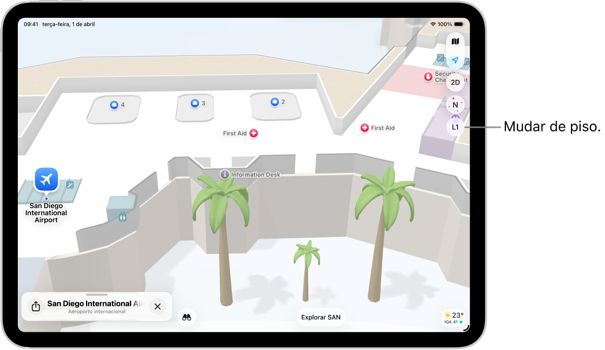 O mapa do interior de um terminal de aeroporto. O mapa mostra uma porta, casa de banho, um controlo de segurança, e primeiros socorros. Pode alterar os níveis dos mapas com vários andares com o botão marcado L2 (para Nível 2).