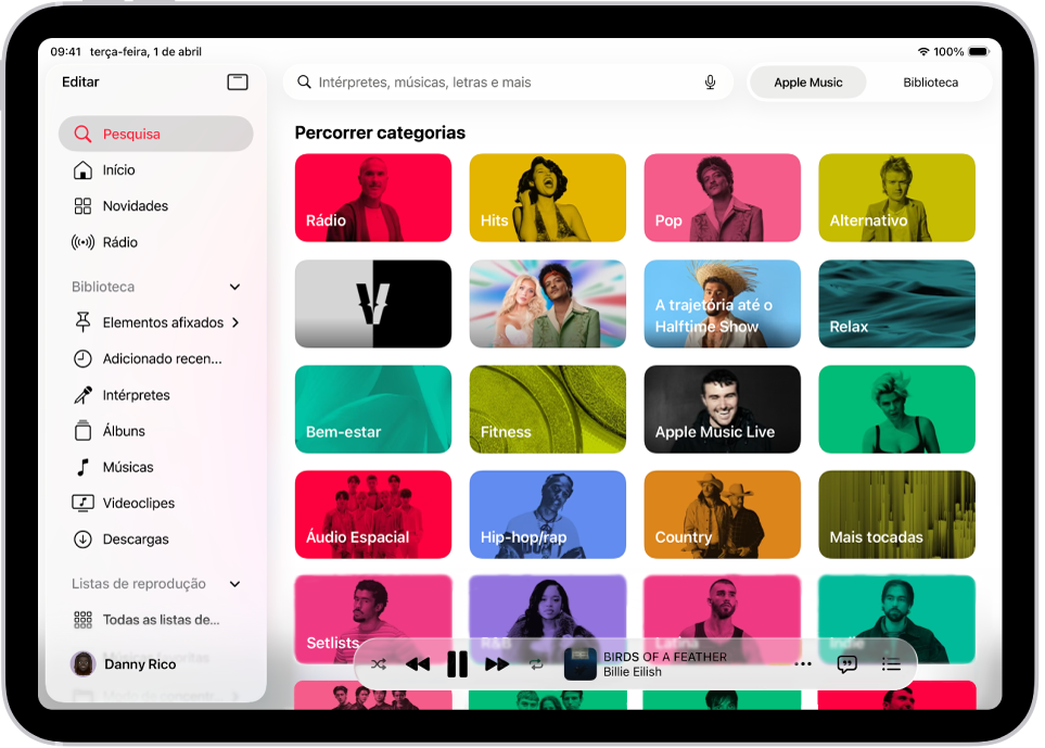 O separador Pesquisa, com a barra lateral à esquerda e um campo de pesquisa na parte superior direita. Por baixo do campo de pesquisa, aparecem várias categorias de música. O minileitor está na parte inferior.