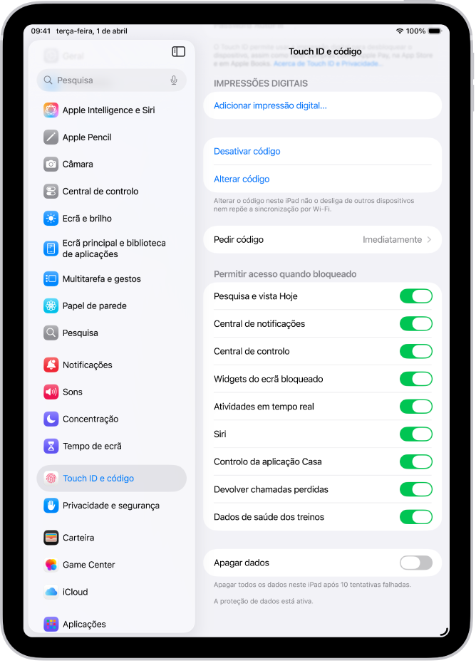 As definições de Face ID e código, com opção para permitir acesso a funcionalidades específicas com o iPad bloqueado.