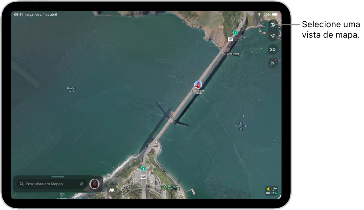 O mapa de um parque e de uma rua a mostrar árvores, pontos de interesse e locais, tal como trilhos e miradouros.