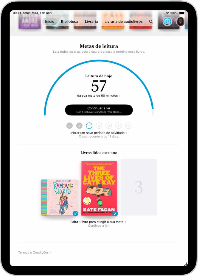O ecrã “Metas de leitura” a mostrar estatísticas do utilizador, tal como a leitura de hoje, o recorde de leitura semanal e os livros lidos este ano.