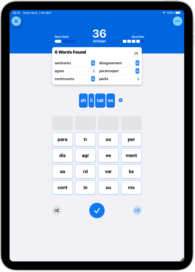Um puzzle Quartiles na aplicação News.