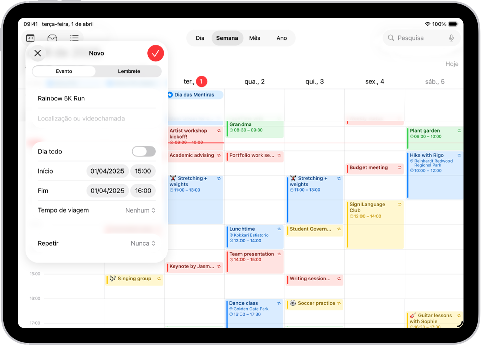 Um calendário na vista por semana a mostrar a janela para criar um evento.