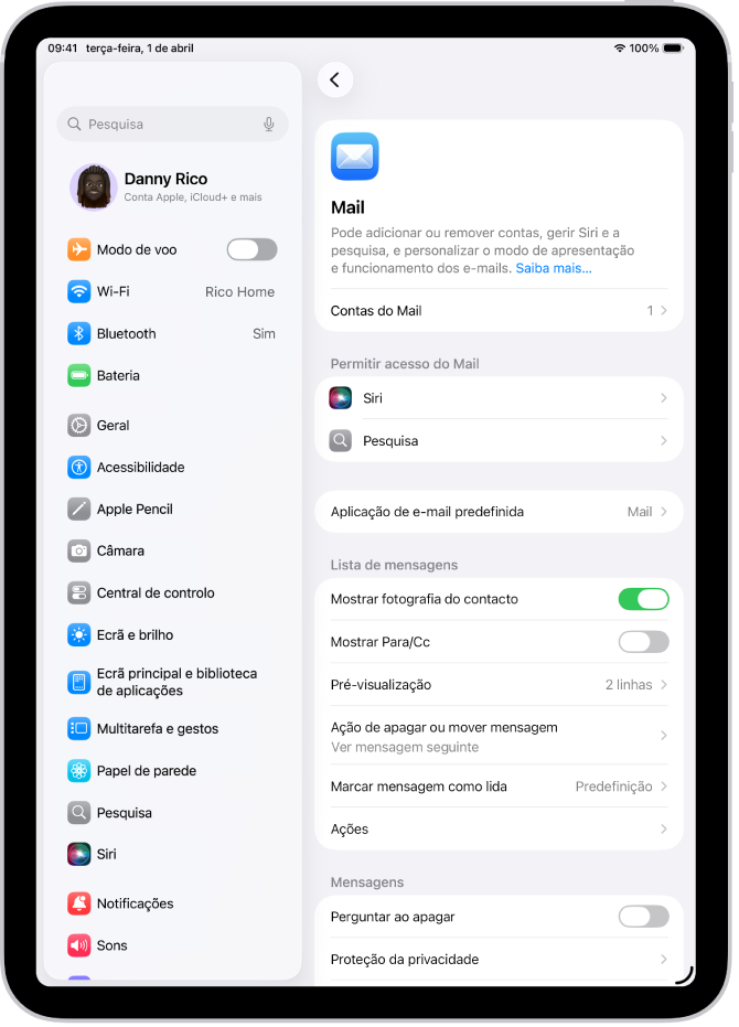 O ecrã de definições da aplicação Mail.