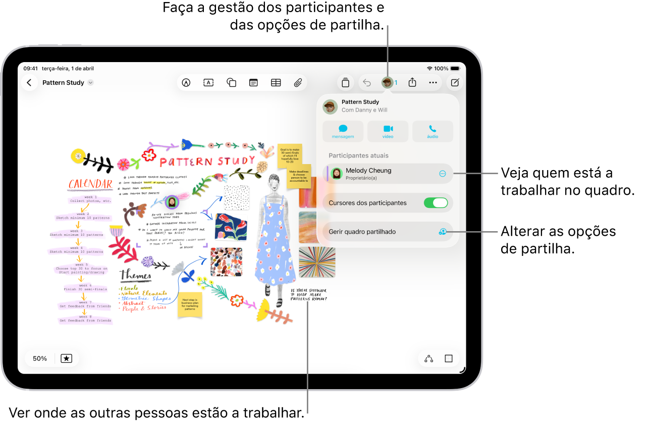 Um quadro Freeform partilhado no iPad com o menu de colaboração aberto e a localização de outros participantes no quadro marcado com vistos coloridos.