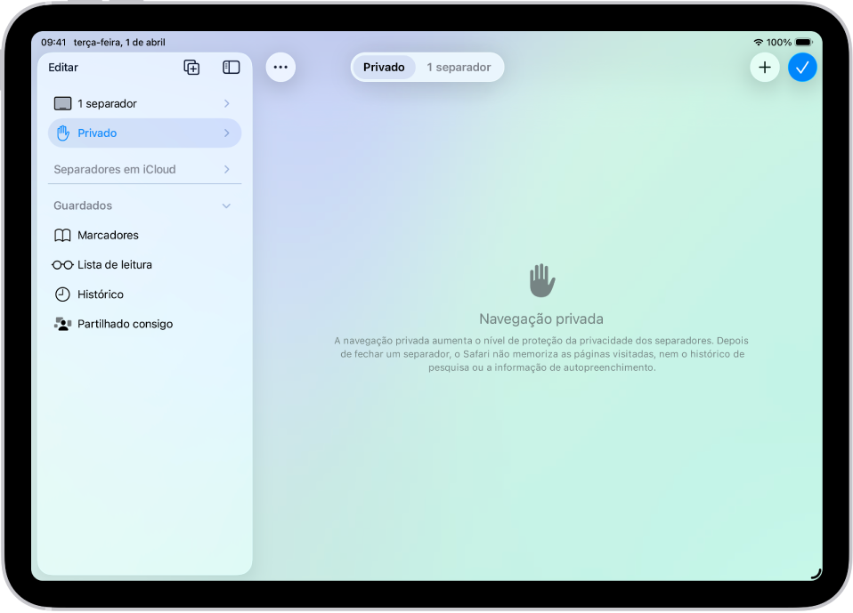 A barra lateral do Safari no lado esquerdo da janela do Safari está aberta e a opção Privado selecionada. À direita está uma explicação sobre o facto de o Safari não memorizar a sua navegação.