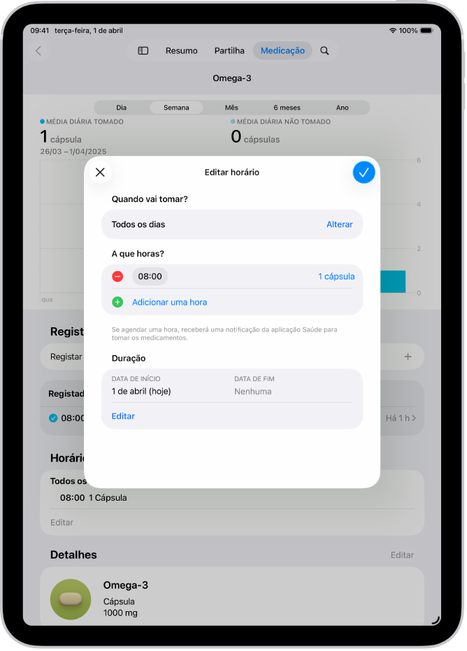 O ecrã Medicamentos na aplicação Saúde mostra opções para alterar o horário de um medicamento.