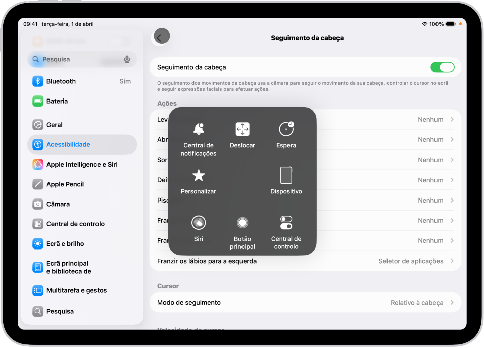 Um iPad com o seguimento da cabeça ativado. O menu AssistiveTouch visível a mostrar os controlos para a central de notificações, deslocar, espera, dispositivo, central de controlo, Casa, Siri e Personalizar.
