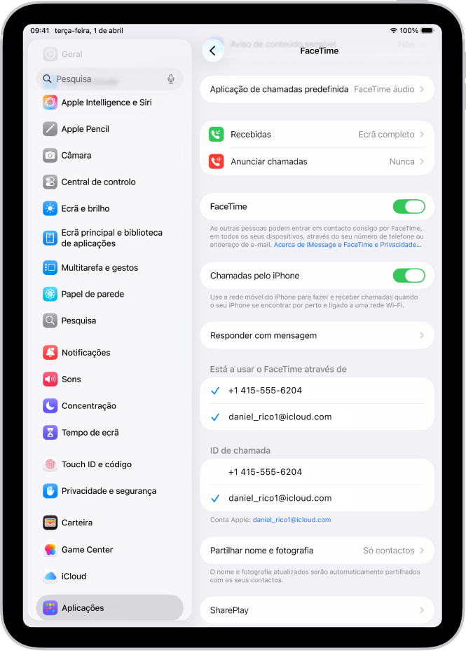 O ecrã Definições do FaceTime a mostrar a opção “Aplicação de chamadas predefinida”, o controlo para ativar ou desativar o FaceTime e a conta Apple que está a ser usada para o FaceTime.
