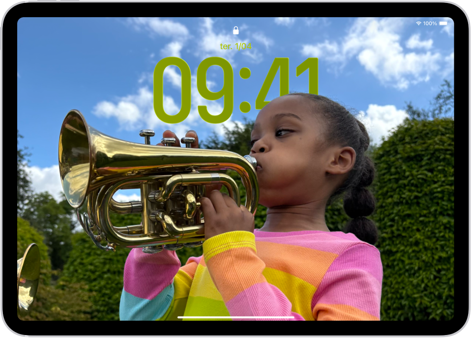 O ecrã bloqueado do iPad com uma fotografia personalizada que preenche o ecrã.