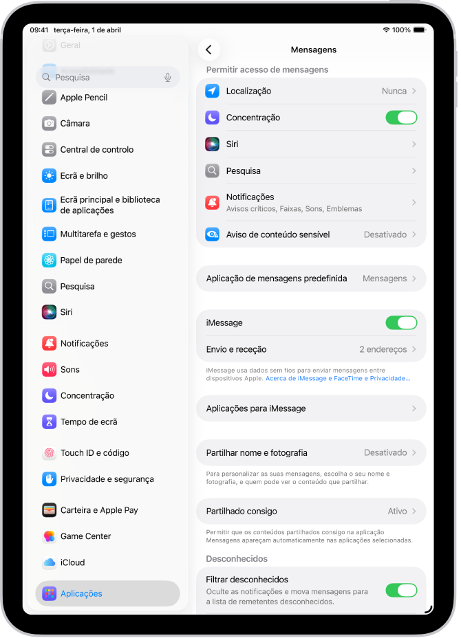 O painel de definições da aplicação Mensagens com iMessahe ativado.