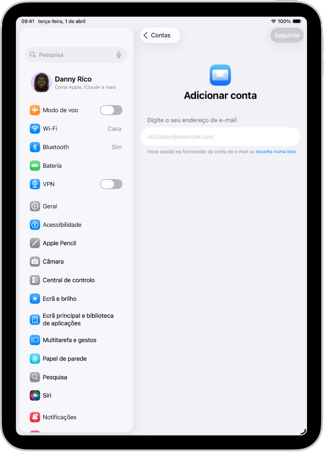O ecrã “Adicionar conta” a mostrar um campo para introduzir o endereço de e‑mail.