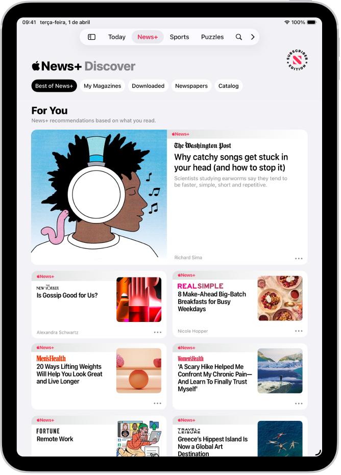 A página Discover em Apple News+. Na barra de separadores, é selecionada a opção News+ e, abaixo desta, a categoria Best of News+.