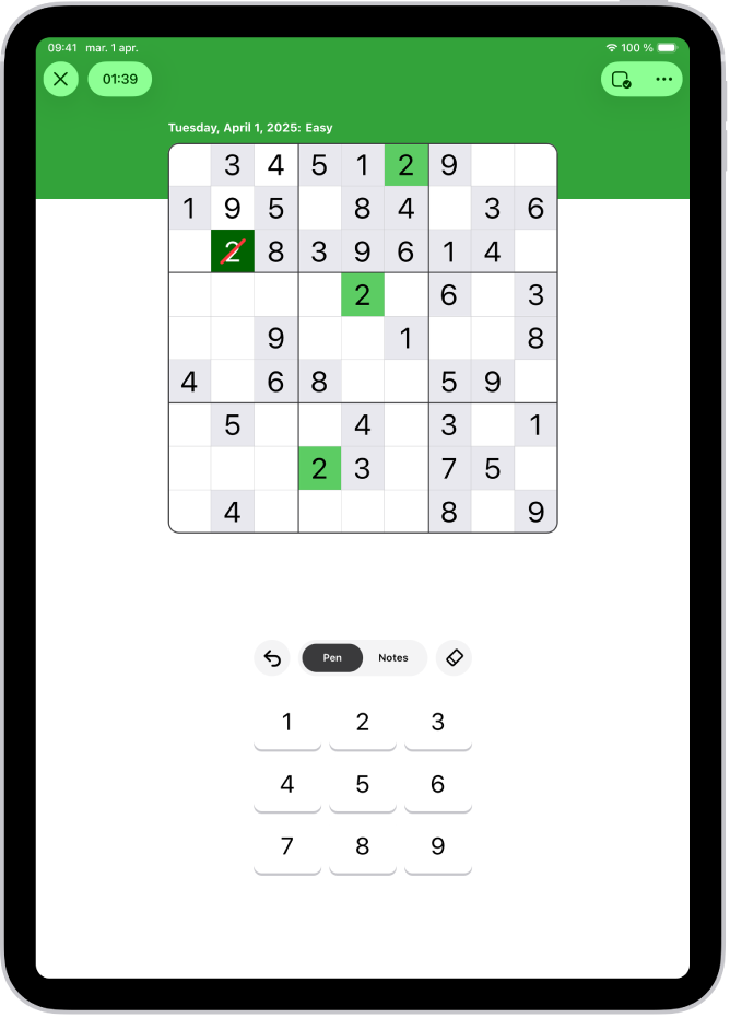 Un puzzle Sudoku în aplicația News.