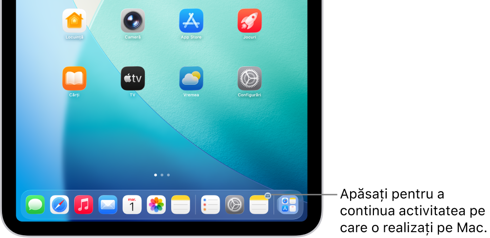 Pictograma Handoff vizibilă în Dock pe un iPad.