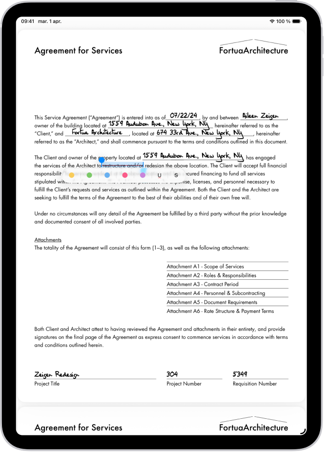 Un PDF în aplicația Previzualizare afișând textul evidențiat, culorile de evidențiere disponibile și instrumentele de subliniere și tăiere a textului cu o linie.