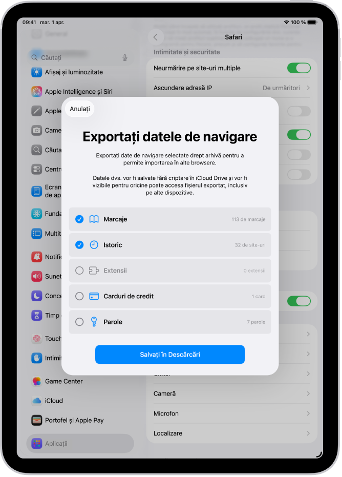 Ecranul Exportați datele de navigare, afișând datele pe care le puteți exporta din Safari în alt browser.