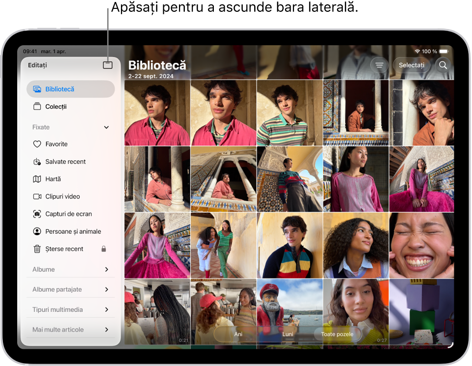 Aplicația Poze este deschisă și este selectată fila Bibliotecă în bara laterală.
