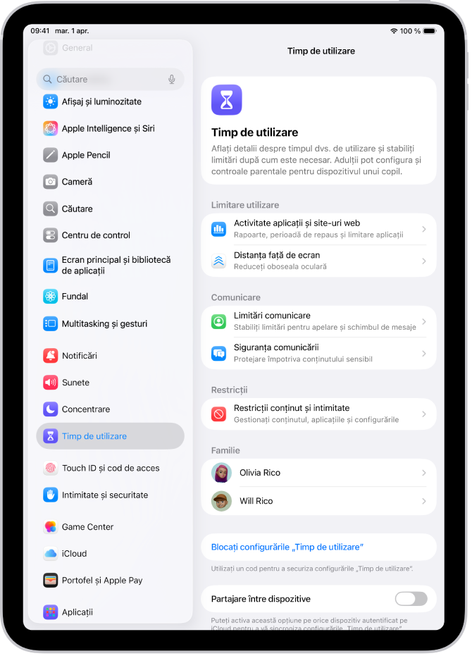 Ecranul pentru configurarea Timp de utilizare, arătând că apăsați butonul Activitate aplicații și site‑uri web pentru a începe.