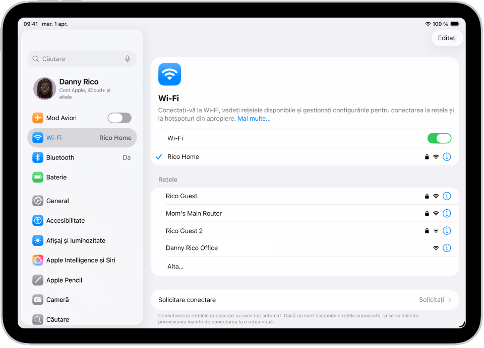 Ecranul Configurări afișând rețelele Wi-Fi disponibile.