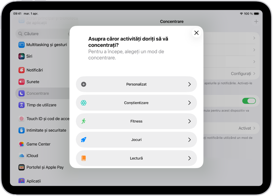 Ecranul de configurare a unui mod de concentrare pentru opțiunile suplimentare furnizate, inclusiv Personalizat, Fitness, Jocuri, Conștientizare și Lectură.
