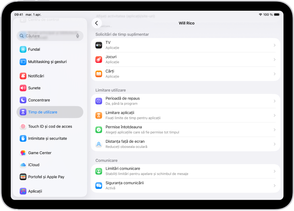 Ecranul pentru un copil dintr-un grup de Partajare familială, afișând secțiunea Solicitări de timp suplimentar.