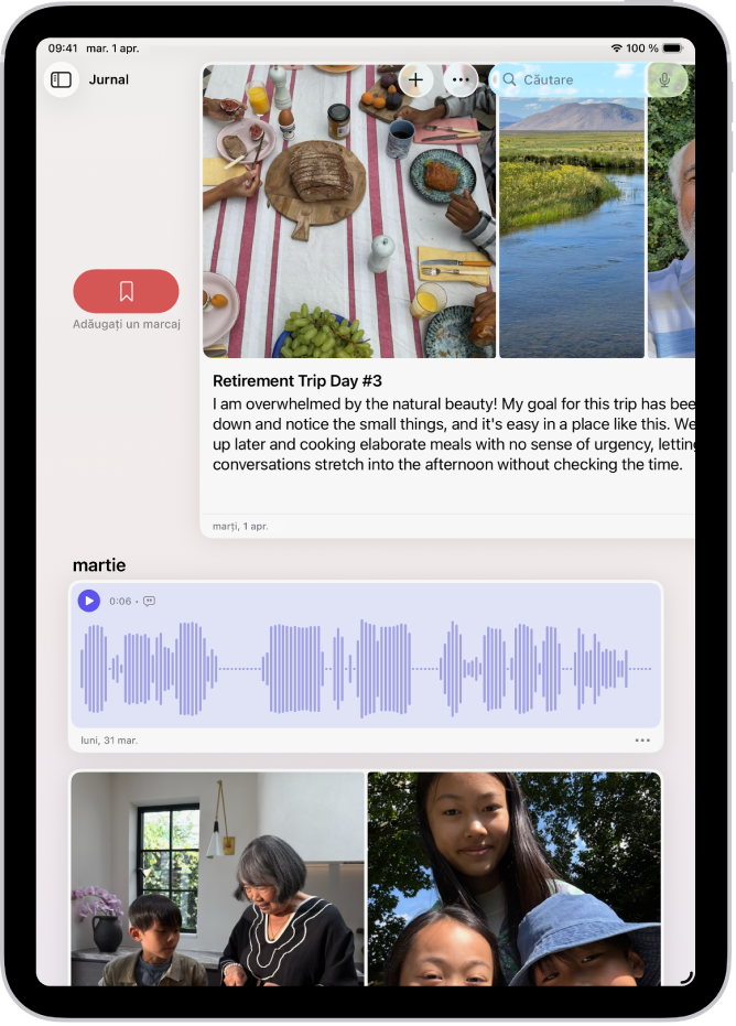 Un ecran din aplicația Jurnal afișând intrări de jurnal. O intrare este glisată spre dreapta și se afișează butonul Adăugați un marcaj.
