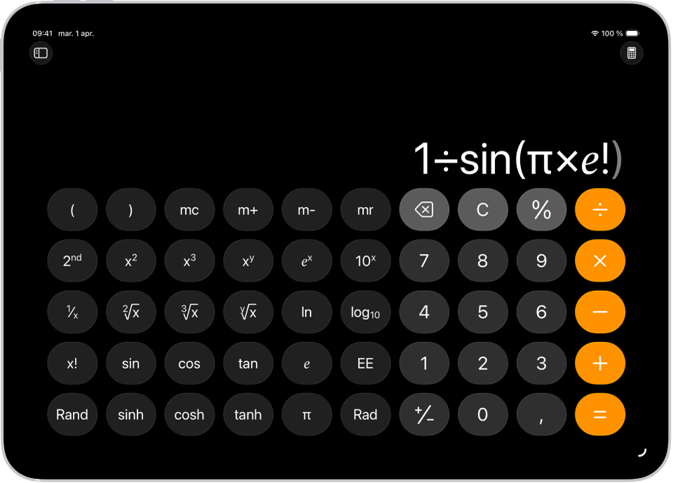 iPad afișând calculatorul științific cu funcții de memorie, exponențiale, logaritmice și trigonometrice.
