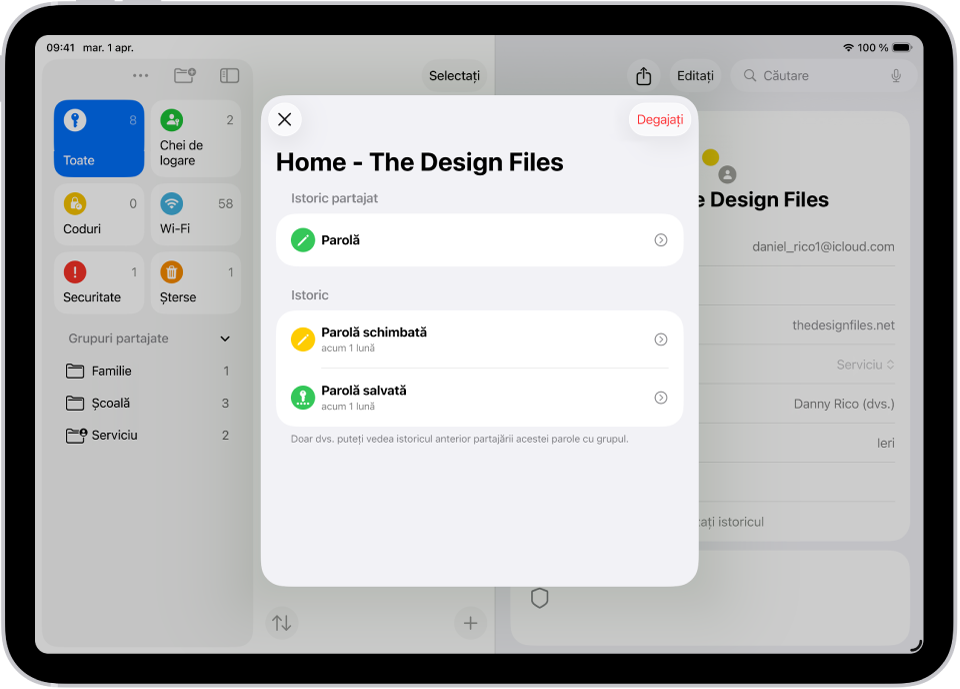 Istoricul schimbărilor unei parole pentru un cont. Parola a fost inițial salvată acum o lună și tot acum o lună a fost și schimbată.