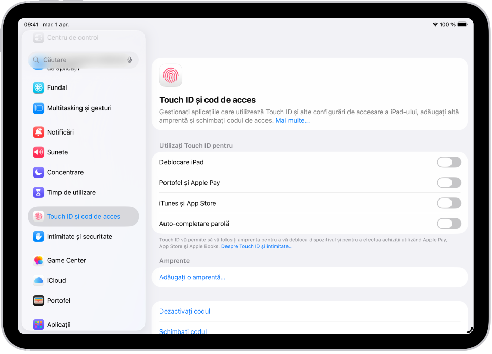 Ecran afișând configurările pentru Touch ID și cod de acces, cu opțiuni de a adăuga o amprentă și de a activa codul de acces.
