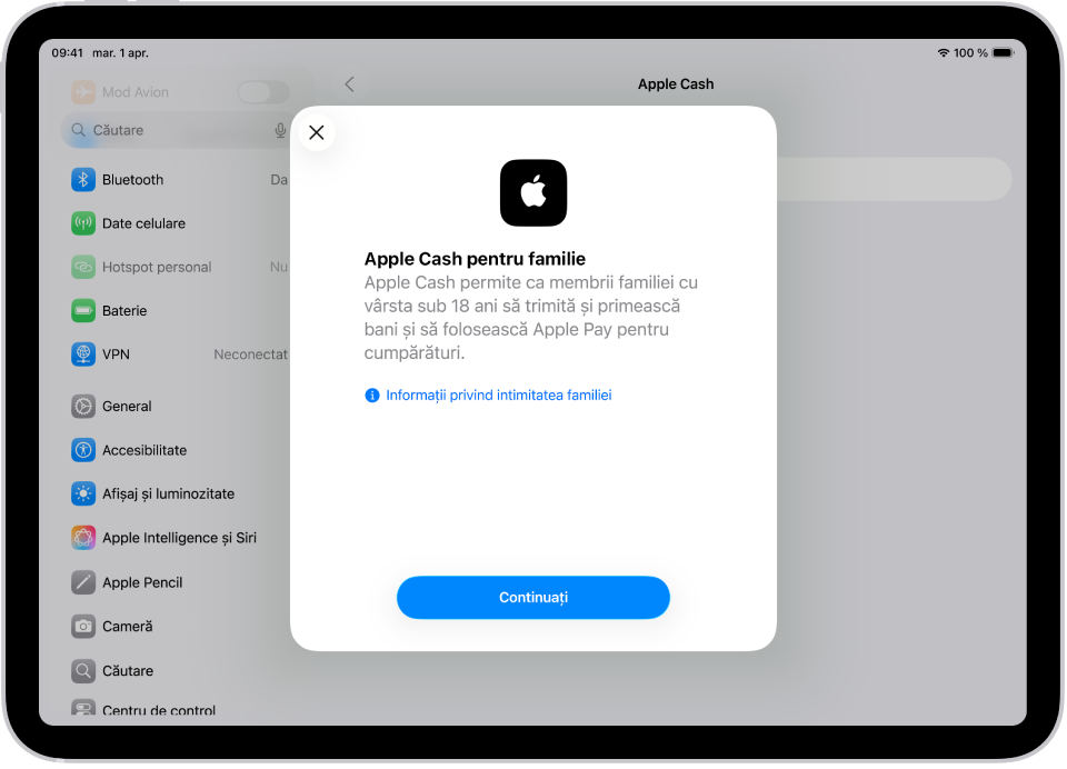 Ecranul Configurări, cu dialogul de configurare Apple Cash pentru familie în mijlocul ecranului.