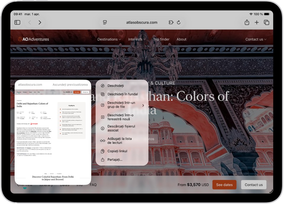 O previzualizare a unui site web. În dreapta previzualizării este un meniu care afișează opțiuni, inclusiv Deschideți, Deschideți în fundal, Deschideți într-o fereastră nouă etc.
