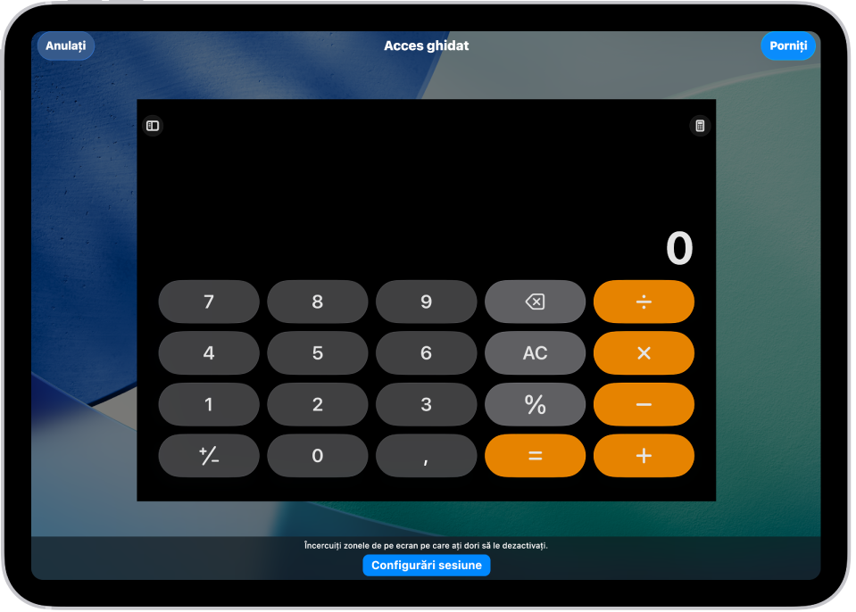 Ecranul unui iPad afișând modul Acces ghidat în curs de configurare. iPad-ul este blocat temporar doar în aplicația Calculator, iar unul dintre butoanele din aplicație a fost dezactivat.