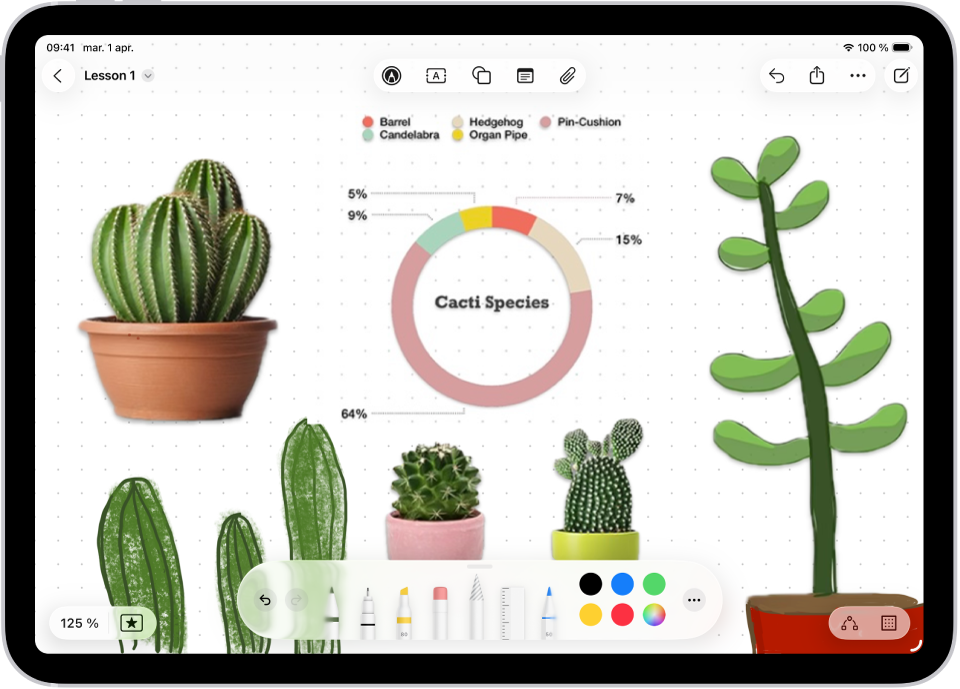 Un panou Freeform cu desenele unor plante și instrumente de desen în partea de jos.