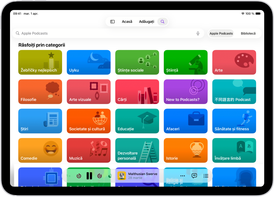 Ecranul Căutare din aplicația Podcasturi, afișând categoriile de podcasturi. În partea de jos a ecranului sunt butoanele Derulați înapoi, Suspendați, Salt înainte și Temporizator, ilustrația episodului, titlul episodului, butonul Mai multe și butonul Afișați transcrierea.