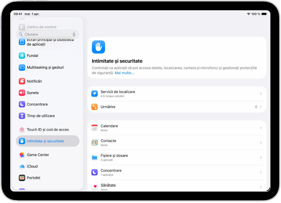 Ecran Configurări afișând opțiuni Intimitate și securitate precum Servicii de localizare și Urmărire.