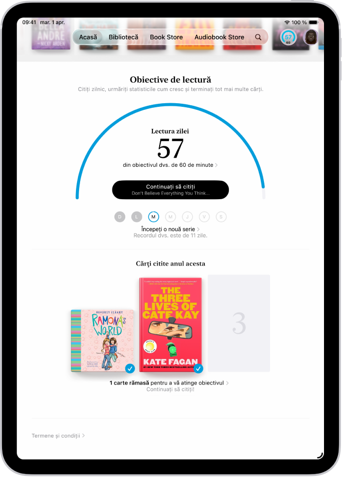 Ecranul Obiective de lectură afișând statistici pentru utilizator, cum ar fi Lectura de astăzi, recordul de lectură pentru săptămâna curentă și cărțile citite în acest an.