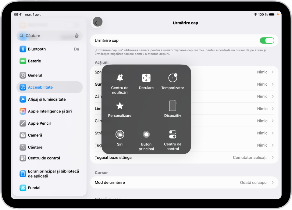 Un iPad cu urmărirea capului activată. Meniul AssistiveTouch este vizibil, afișând comenzile pentru Centru de notificări, Derulare, Temporizare, Dispozitiv, Centru de control, Locuință, Siri și Personalizat.