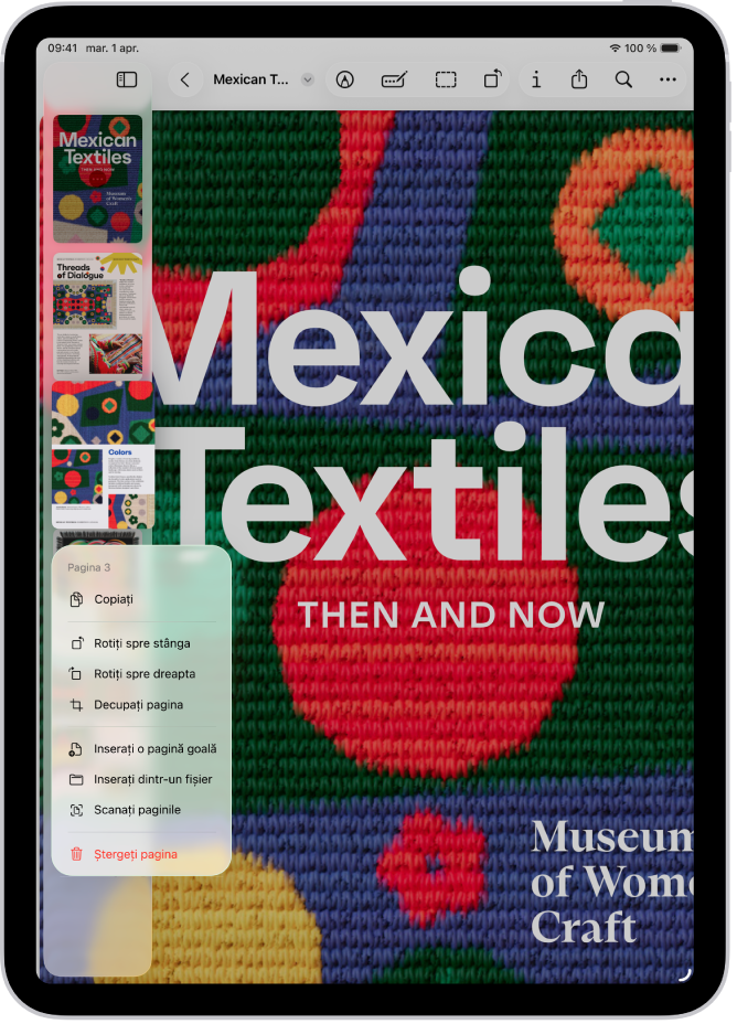 Vizualizarea miniaturilor unui PDF cu opțiunile pentru pagini vizibile.